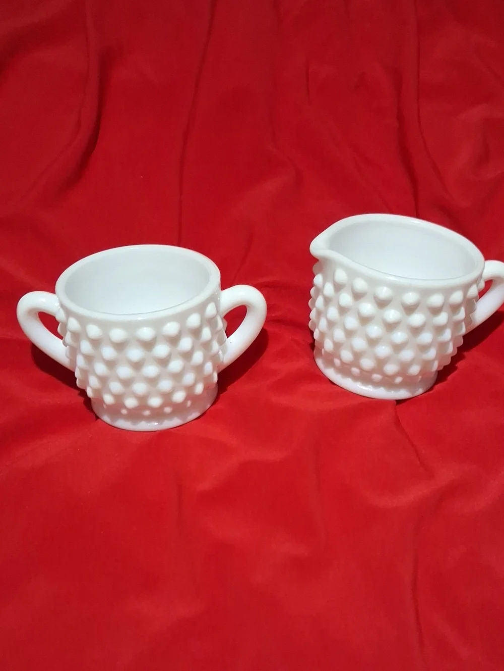 White Hobnail Miniature Milk Glass Creamer and Sugar Set